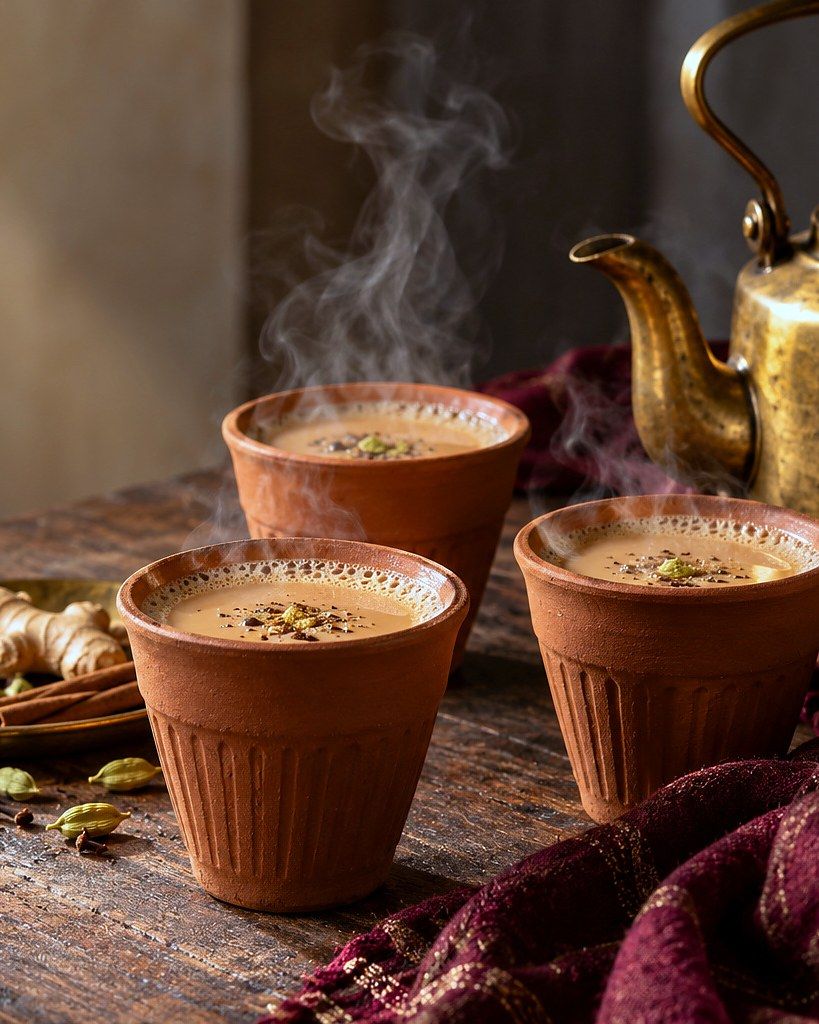 Illustration of masala chai in clay kulhads beside a brass kettle