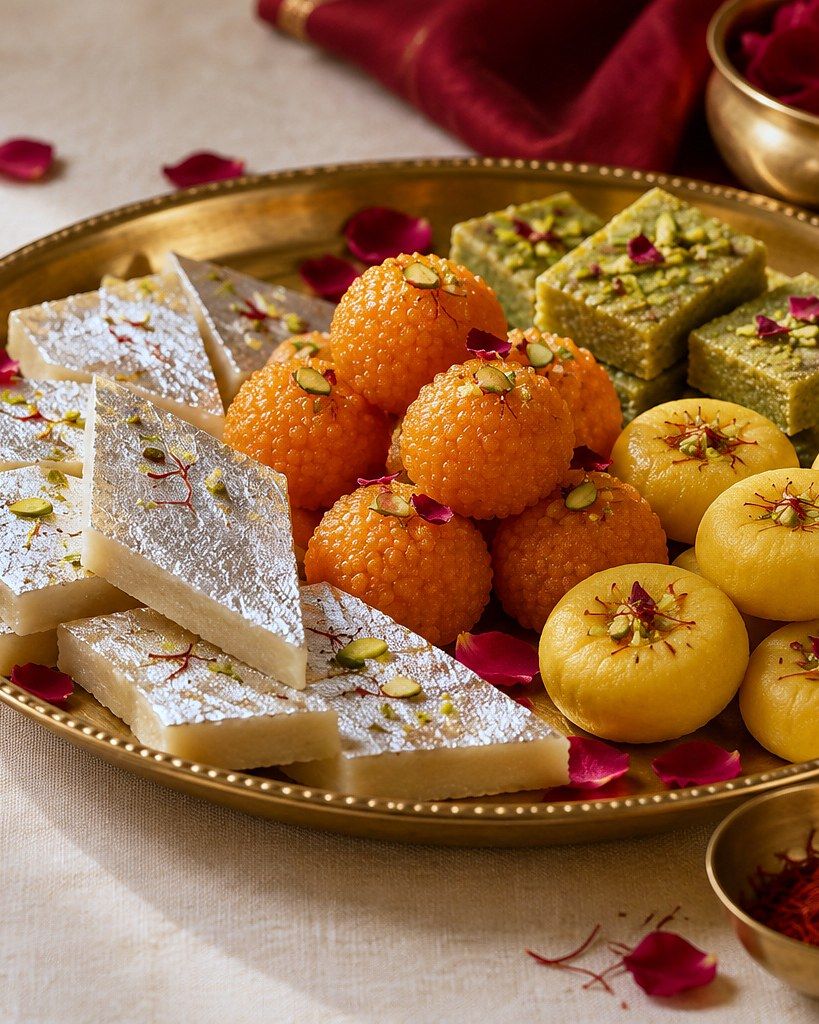 Illustration of kaju katli, motichoor ladoo and pista barfi on a brass thaal