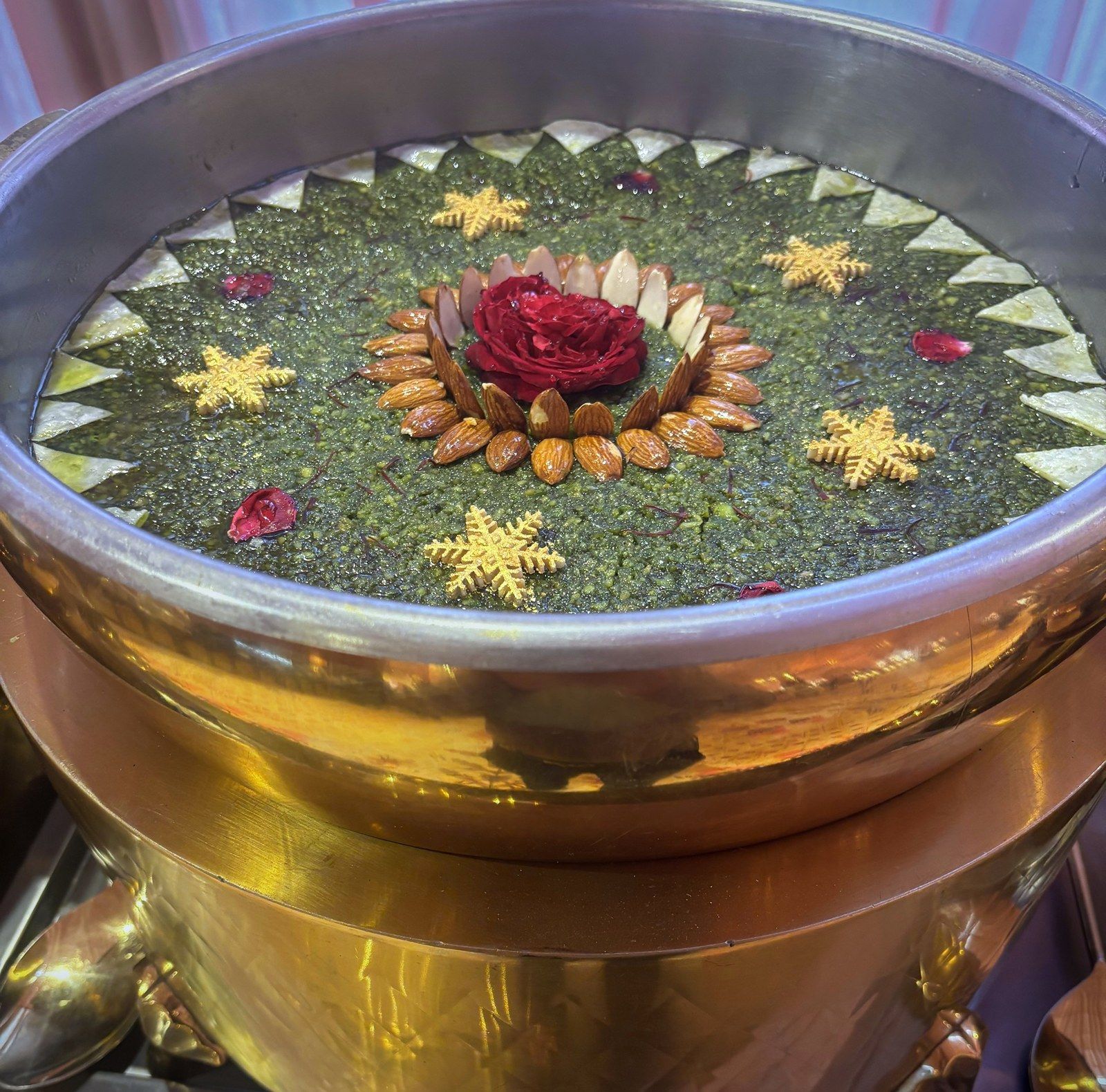 Pista Rainbow Halwa in a brass handi